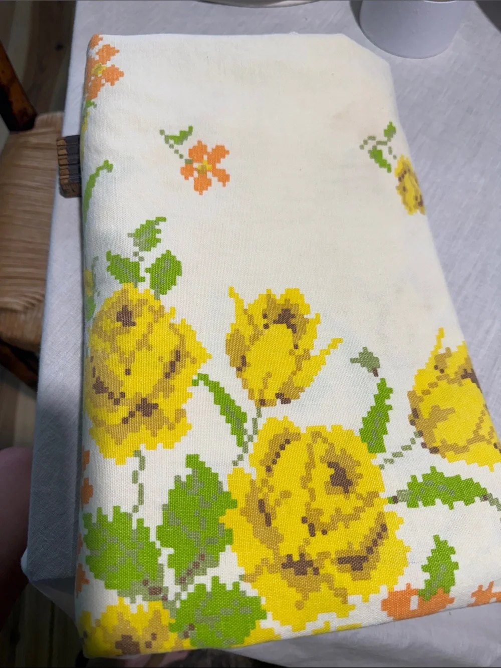Vintage antique cross stitch fabric and lace yellow floral tablecloth 66x57